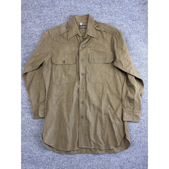 Vintage Army Officer Shirt Mens 15 32 Brown Long Sleeve Military Button Up 50s - Picture 1 of 10